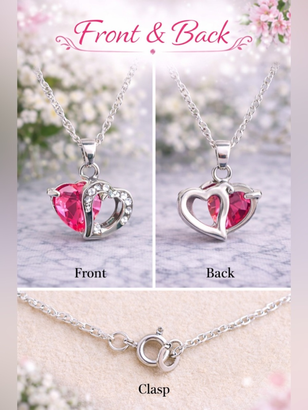 Elegant Pink Heart Birthstone Necklace |Double Heart Pendant | Mother’s Day Gift - Picture 3 of 3